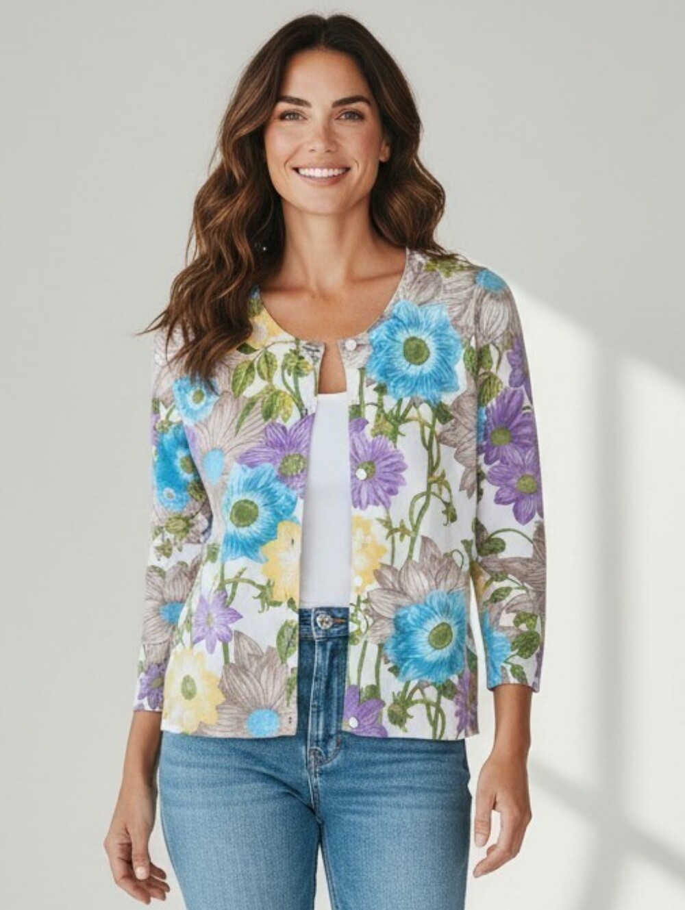 Talbots Cotton/Rayon White Floral Button-Front Cardigan with Flowers